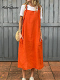 Women's Adjustable Shoulder Strap Pocket Cotton and Linen Dress