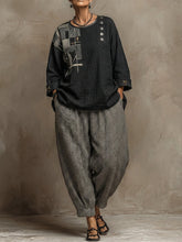 Bohemian Art Print Linen And Cotton Two-piece Top And Pants Set