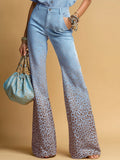 Retro Lapel Short Sleeve Faux Suede Shirt And Gradient Leopard Print Flared Trousers