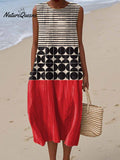 Women's Abstract Geometric Pattern Art Print Sleeveless Cotton Pocket Wrap Dress