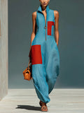 Lake Blue Textured Cotton-linen Stand Collar Front-zip Color-block Pocket Sleeveless Loose Wide-leg Jumpsuit