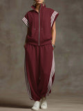 Women's Solid Color Stand-collar Short-sleeved Casual Loose Cotton Top And High-waisted Wide-leg Cotton Pants Set.
