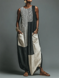 Artistic Geometric Print Cotton-linen Dress