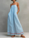 Women's Striped Print Square-neck Sleeveless Casual Loose-fit Cotton-linen Sundress