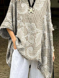 Women's Retro Floral Art Print Casual Cotton Long Shirt