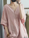 Women's Solid-color V-neck 3/4-sleeve Casual Loose Cotton-linen Top