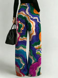 Women's Retro Geometric Color-blocking Patterns Printed Stylish Cutout Casual Denim Jeans