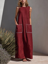 Wine Red Textured Cotton-linen Contrast Stitch Pocket Crew Neck Sleeveless Straight Maxi Dress