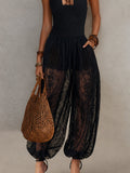 Black Textured Cotton Halter Deep V-neck Smocked Waist Lace Sheer Lantern Jumpsuit