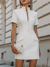 Women's Solid-color Stand-collar Short-sleeve Casual Slim-fit Dress