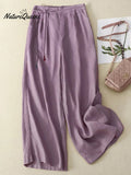 Women's Literary Solid Color Cotton and Linen Wide-leg Pants Cropped Pants