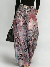 Women's Retro Floral Art Print Casual Stylish Hollow Denim Pants