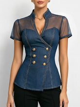 Women's V-neck Short-sleeve Casual Loose Denim-paneled Top