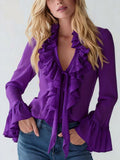 Women's Solid Color V-neck Puff Sleeve Ruffle Shirt