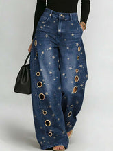 Women's Retro Stars Art Print Casual Stylish Hollow Denim Pants