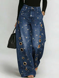Women's Retro Stars Art Print Casual Stylish Hollow Denim Pants