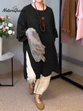 Women's Solid Color Round Neck 3/4 Sleeves Casual Linen Slit Long Top