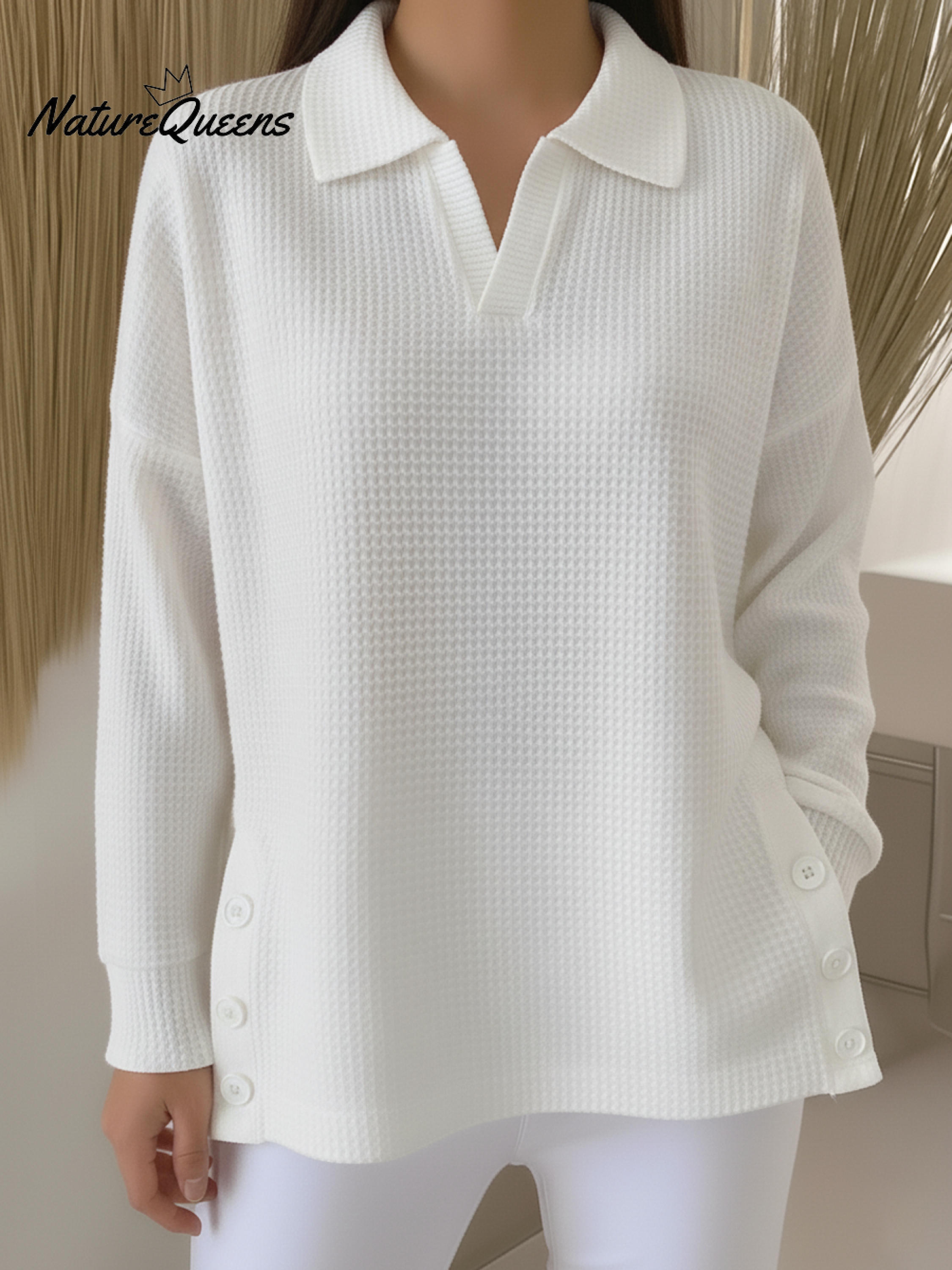 Casual Polo Neck Side Slit Button Waffle Pullover Top