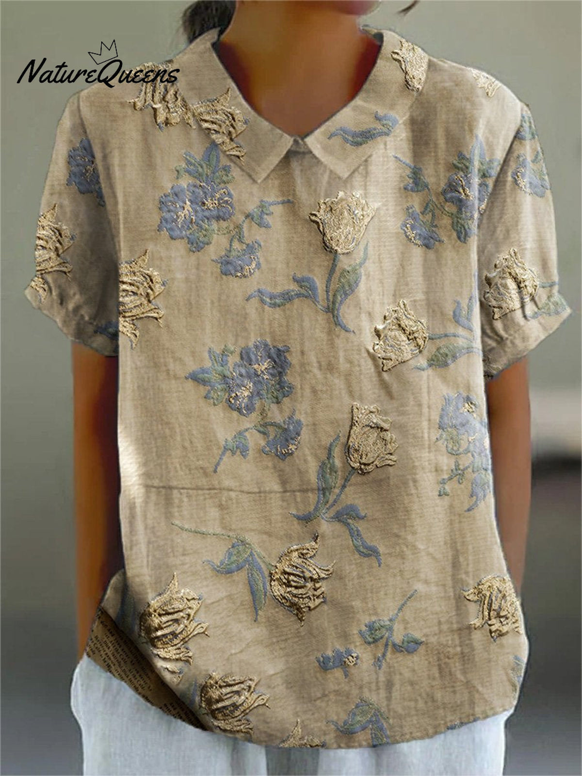 Women's Flower Art Print Casual Cotton And Linen Shirt