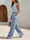 Women's Sleeveless Striped Shirt And Wide-leg Pants Cotton-linen Set