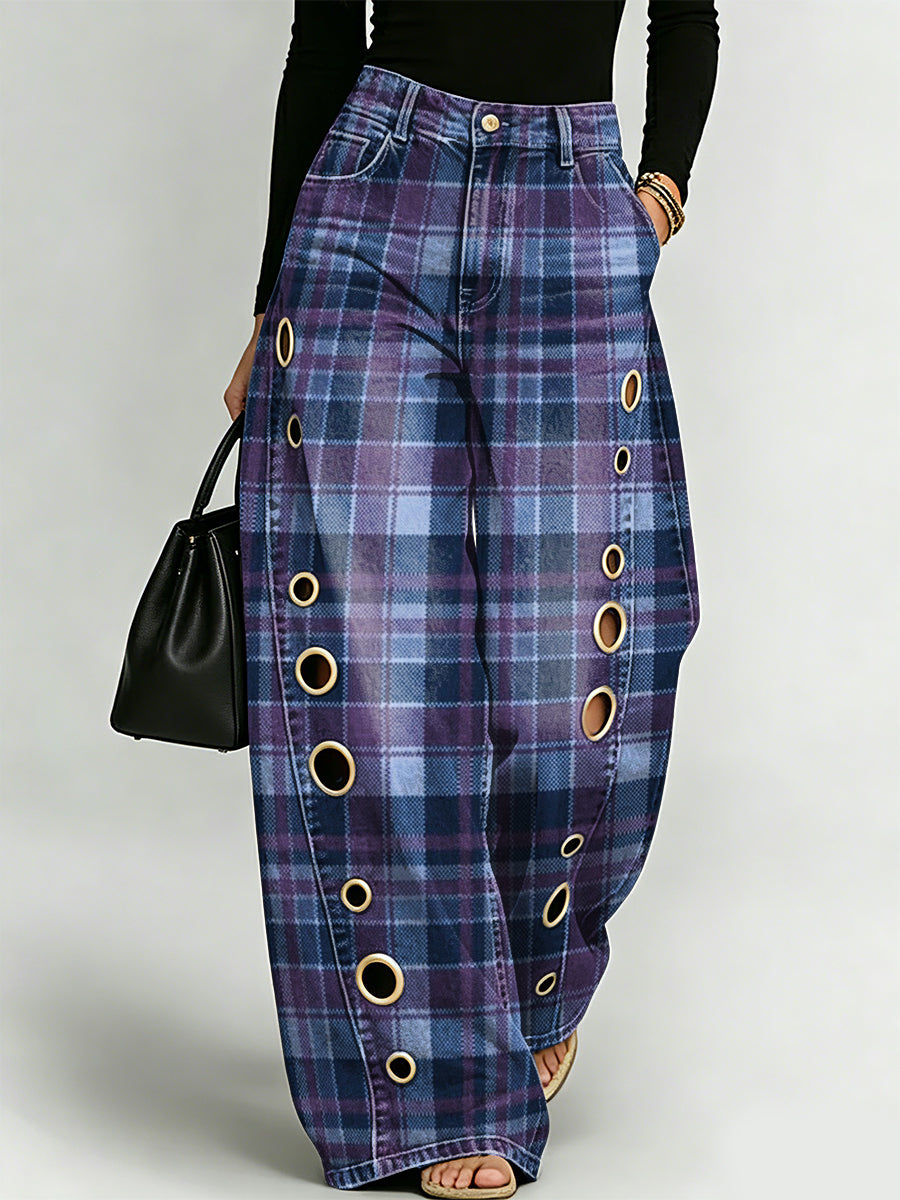 Classic Plaid Decorative Pattern Women's Denim Pants