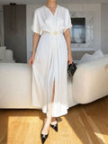 Women's Solid-color V-neck Short-sleeve Loose Casual Dress