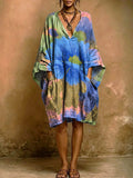 Women's Vintage Floral Print Short-sleeve Cotton-linen Dress
