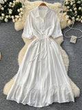 Women's Polo Collar Half Sleeves Single-breasted Waist-cinching Ruffles Midi Dress