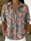 Women's Vintage Botanical Floral Casual Polo Collar Short-sleeved Linen And Cotton Shirt