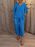 Casual Linen And Cotton Two-piece Top And Pants Set