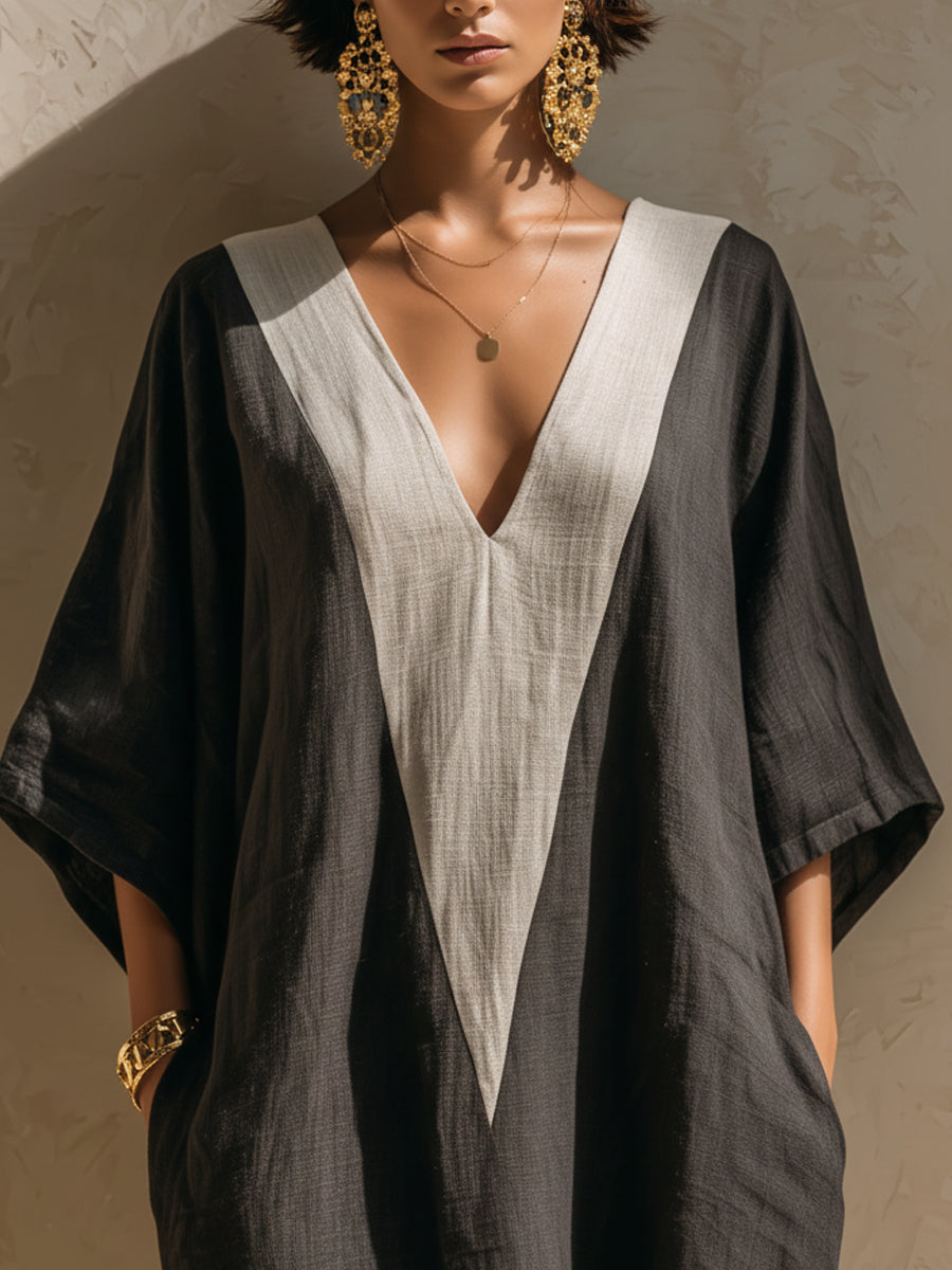 Color-block Linen-blend Loose Maxi Robe Dress