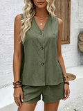 Women's Casual Solid-color Cotton-linen Cardigan Vest And Shorts Set