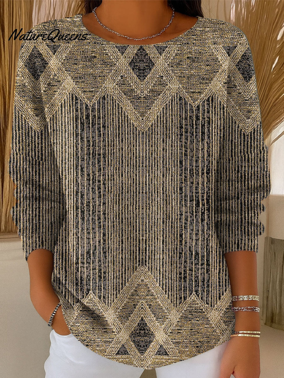 Women's Vintage Abstract Geometric Art Print Casual Pullover Sweater