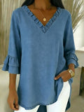 Cozy Ruffled V-neck Denim Cotton Top