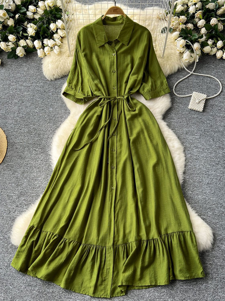 Women's Polo Collar Half Sleeves Single-breasted Waist-cinching Ruffles Midi Dress