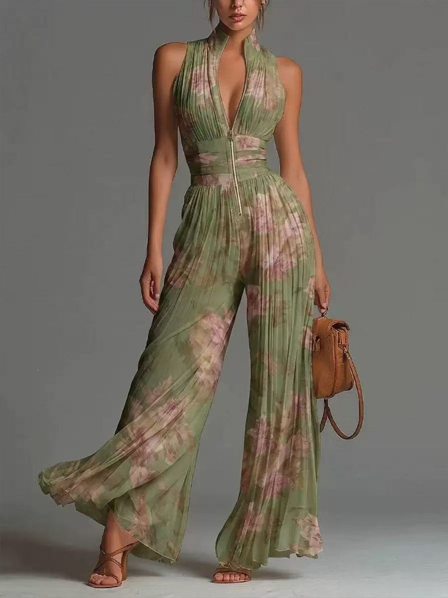 Women's Elegant & Flowy Pleated Halter-neck Long Wide-leg Jumpsuit