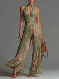Women's Elegant & Flowy Pleated Halter-neck Long Wide-leg Jumpsuit