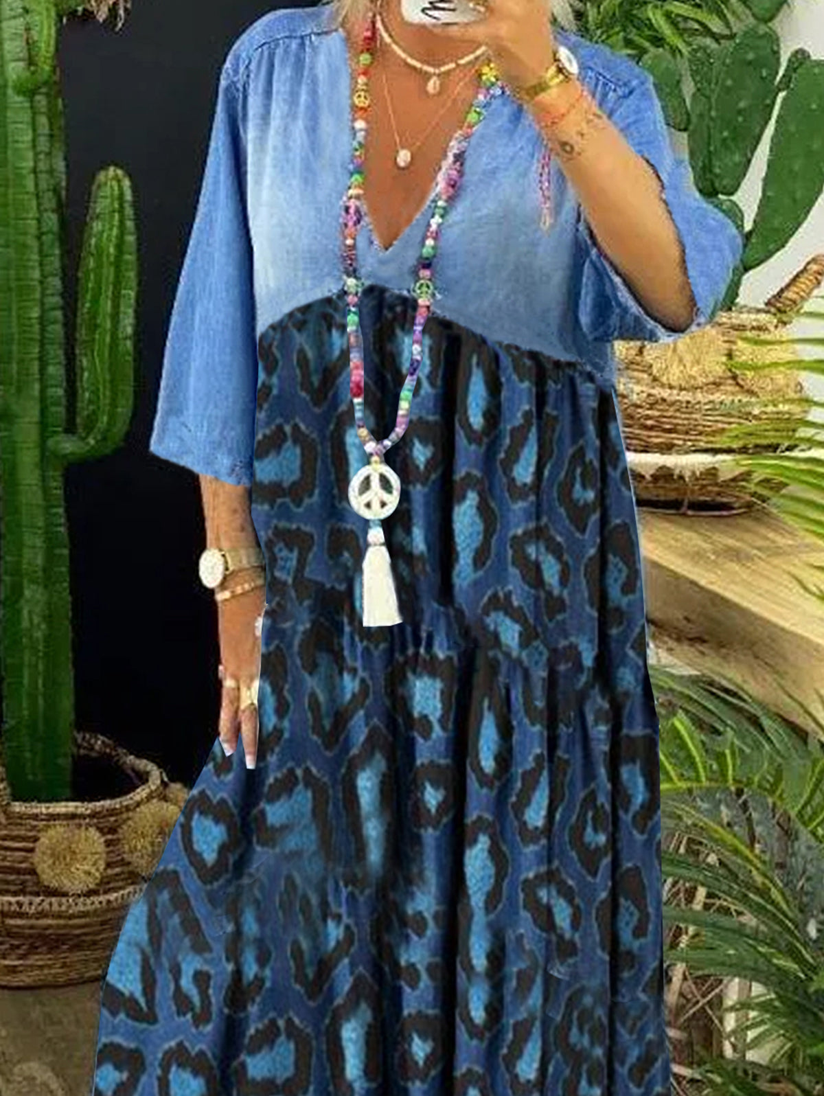Ursime Vintage Leopard Denim Patchwork Raw Trim Maxi Dress