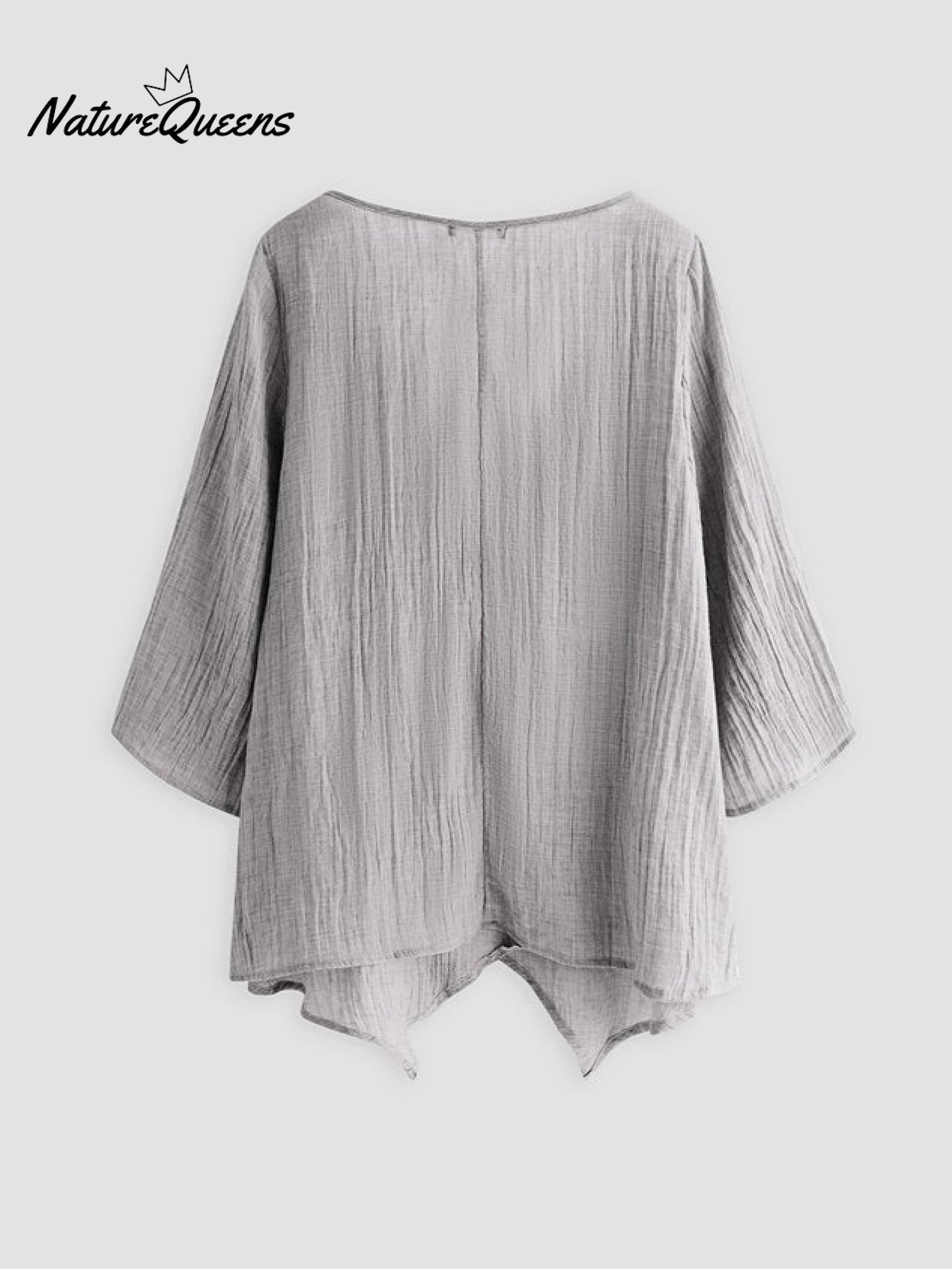 JFN Cotton & Linen Asymmetric Hem Loose Fit Long Sleeve Shirts Tunic Top