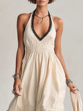 Women's Halter-neck V-neck Long Dress With Lace Splicing