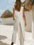Women's Solid Color Art Stylish Casual Top And Pants Cotton Linen Two-piece Set