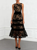 Women's Black Mesh Flocked Jacquard Spliced Slim-fit Dress