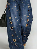 Women's Retro Stars Art Print Casual Stylish Hollow Denim Pants