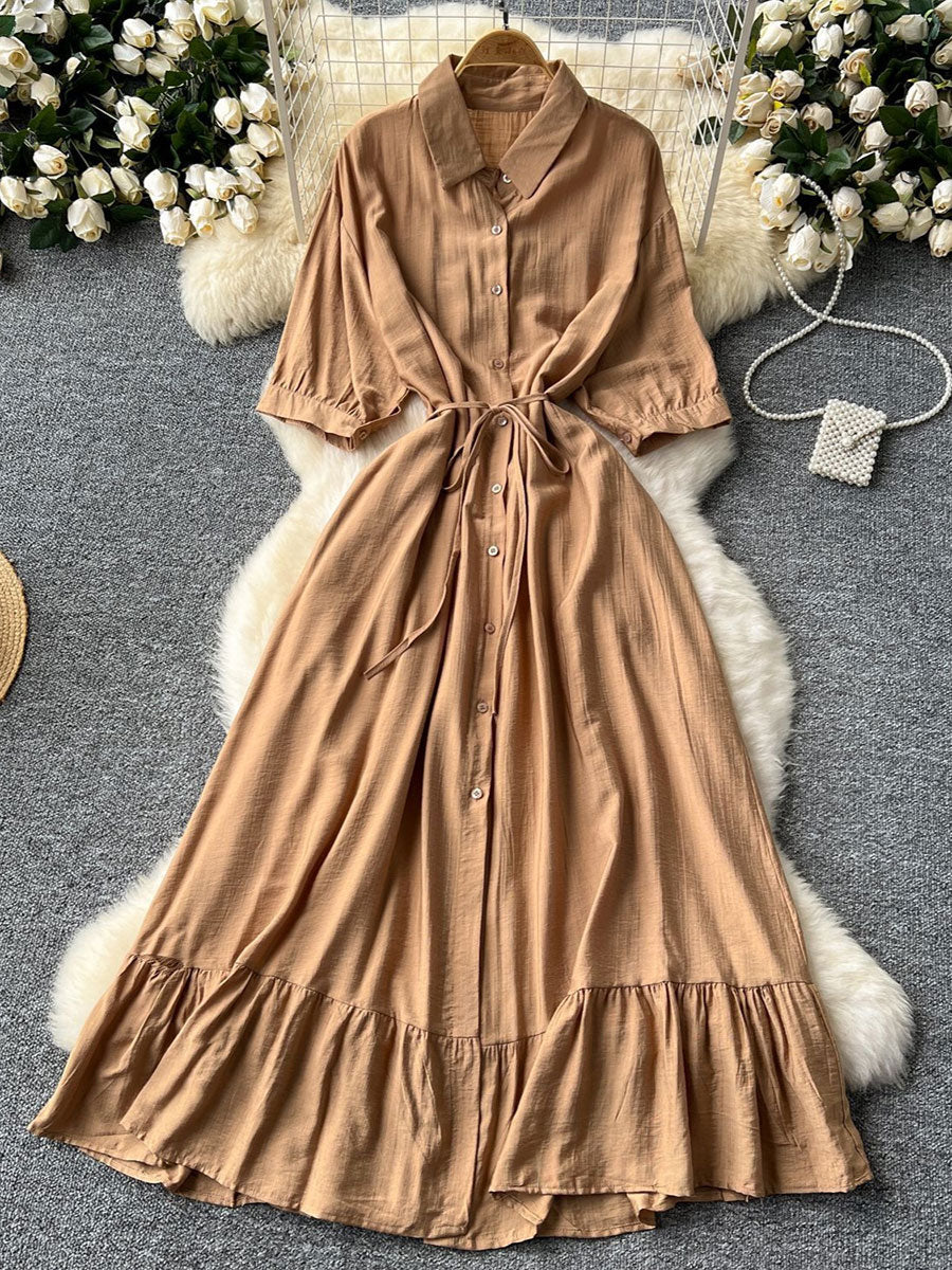Women's Polo Collar Half Sleeves Single-breasted Waist-cinching Ruffles Midi Dress