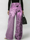 Women's Retro Floral Art Print Casual Stylish Hollow Denim Pants