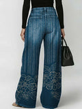 Women's Retro Floral Art Print Casual Stylish Hollow Denim Pants