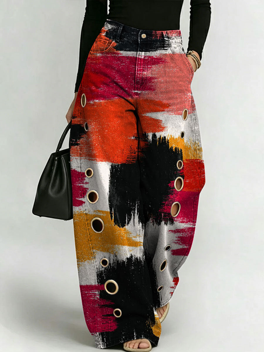 Women's Retro Pattern Printed Stylish Cutout Casual Denim Jeans