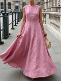 Elegant Boat-neck Pleated Cotton-linen Maxi Dress