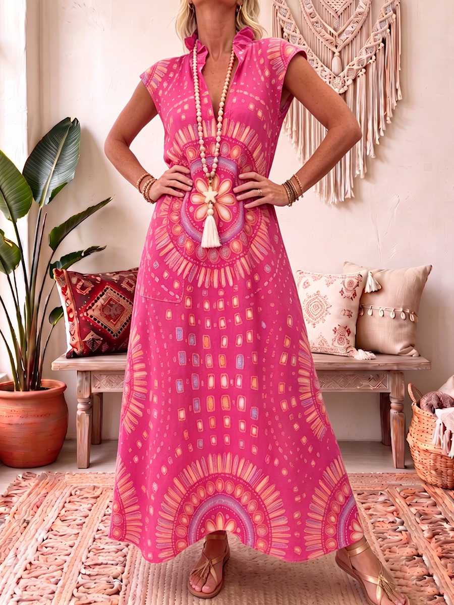 Bohemian Floral Print Cotton-linen Dress