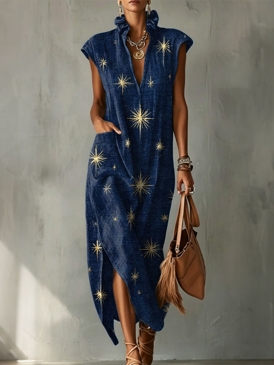 Mystical Astrological Starry Sky Decorative Pattern Women's No Sleeve Linen Cotton Dress
